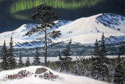 Северное сияние в горах. Картина пейзаж из каменной крошки. Художник Кувшинов В.Н. картина пейзаж для интерьера