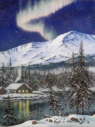Дом на озере. Зимний пейзаж с Северным сиянием. Картина из каменной крошки художник Кувшинов В.Н.2020 год