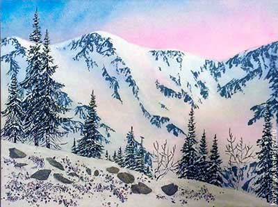 Утро в горах зимой. Горный склон. Картина из каменной крошки художник Кувшинов В.Н.