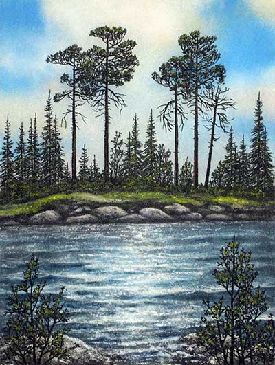 Вид на озеро. Летний пейзаж с озером. Картина из каменной крошки художник  Кувшинов В.Н.