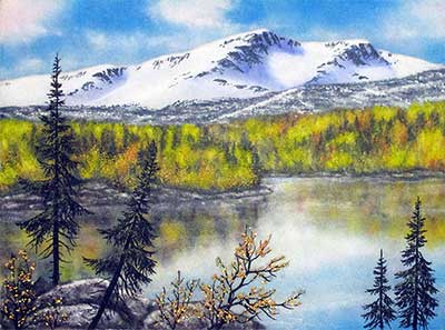 Осенний пейзаж.Осень на озере. Картина из каменной крошки художник Кувшинов В.Н.