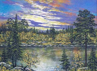 Озеро осенью. Закат на озере. Картина из каменной крошки художник Кувшинов В.Н.