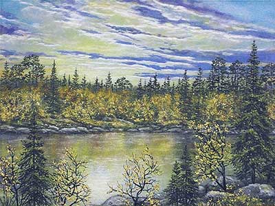 Вид на озеро. Осенний пейзаж с озером. Картина из каменной крошки художник  Кувшинов В.Н.