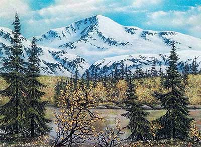 Первый снег. Пейзаж с горами. Картина из каменной крошки художник Кувшинов В.Н.
