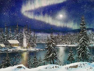 Полнолуние с северным сиянием 30 на 40 см. Ранний снег. Картина из каменной крошки художник Кувшинов В.Н.  Ночной пейзаж