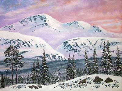 Рассвет в горах. зимний горный пейзаж Картина из каменной крошки. художник Кувшинов В.Н.