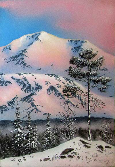 Розовые горы зимний утренний пейзаж с горами. Картина из каменной крошки художник Кувшинов В.Н.