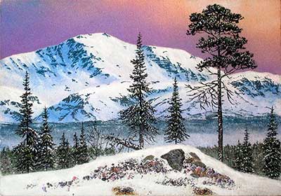 Зимний рассвет в горах.Картина из каменной крошки художник Кувшинов В.Н.