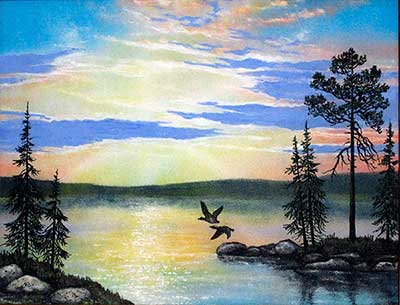 Закат на озере пейзаж с утками