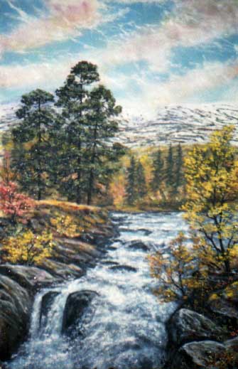 Северная речка осенний пейзаж с водопадом. Картина из каменной крошки художник Кувшинов В.Н. 2007 год