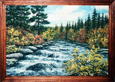 Речка осенью осенний пейзаж с рекой.  Бурная река после дождя. Картина из каменной крошки художник Кувшинов В.Н.