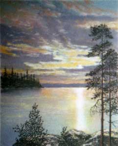 Тихий вечер. Летний пейзаж с закатом из каменной крошки картина художник Кувшинов В.Н