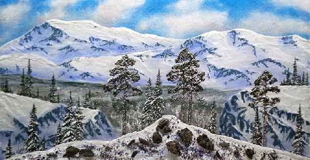 Горный зимний пейзаж, вид с горы. Картина из каменной крошки художник Кувшинов В.Н.