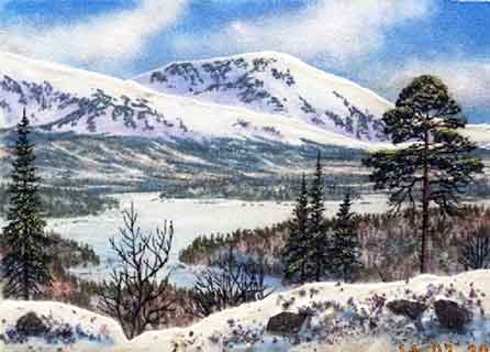 Вид на  горы зимой. Картина из каменной крошки художник Кувшинов В.Н.