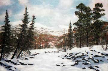 Русло реки зимой, зимний пейзаж с горами.  Картина из каменной крошки.