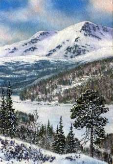 Горный пейзаж с зимней рекой. Картина из каменной крошки художник Кувшинов В.Н.