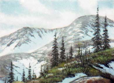 Весенний горный склон. Весенний горный пейзаж.Картина из каменной крошки художник Кувшинов В.Н.
