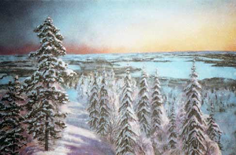 Зимний вечер - лесные дали. Картина с пейзажем из каменной крошки художник  Кувшинов В.Н