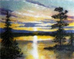 Закат на озере. Летний пейзаж с закатом из каменной крошки картина художник Кувшинов В.Н