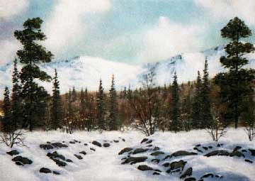 Русло реки зимой. Небольшая река.  Картина из каменной крошки художник Кувшинов В.Н. 2003 год