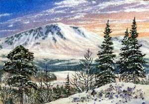 Закат на фоне гор в полярную ночь.. Картина из каменной крошки художник Кувшинов В.Н.