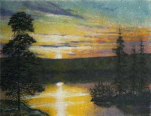 Закат на озере.  Летний пейзаж с закатом из каменной крошки картина художник Кувшинов В.Н