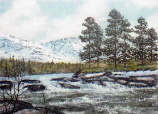 Бурная весенняя река.  Картина с весной из каменной крошки художник Кувшинов В.Н. 2003 год