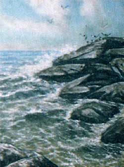 Морской пейзаж. Чайки и волны. Картина из каменной крошки. художник Кувшинов В.Н.