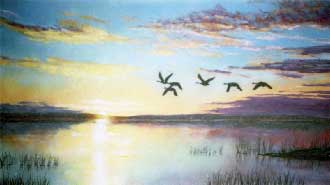 Закат на озере. Летний пейзаж с закатом из каменной крошки картина художник Кувшинов В.Н