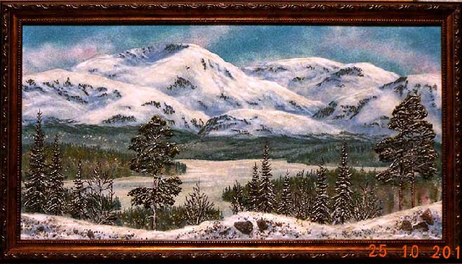 Зимние горы пейзаж с зимой день. Картина из каменной  крошки. Картина из каменной  крошки художник  Кувшинов В.Н.