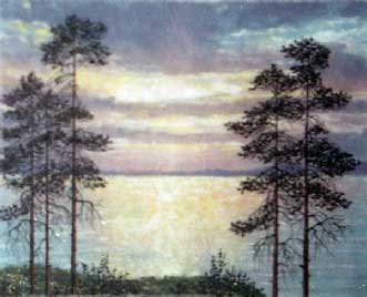 Розовый закат.2003 год. Летний пейзаж с закатом из каменной крошки картина художник Кувшинов В.Н