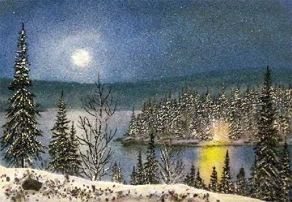 Полнолуние начало зимы.  Ночной пейзаж Картина из каменной крошки художник Кувшинов В.Н.