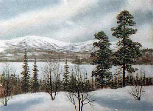 Вид на озеро зимой. Зимний пейзаж с видом на горы.Картина из каменной крошки.