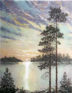 Солнце садится. Летний пейзаж с закатом из каменной крошки картина художник Кувшинов В.Н