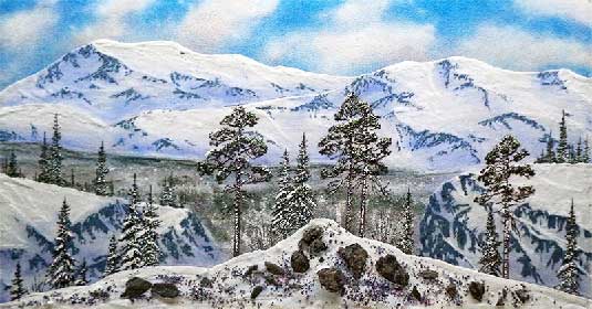 Горный зимний пейзаж, вид с горы. Картина с горным пейзажем художник Кувшинов В.Н.