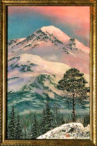 Розовые горы зимний пейзаж с горами.Картина из каменной крошки художник Кувшинов В.Н.