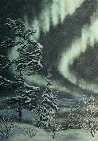 Северное сияние зимний пейзаж. Картина из каменной крошки художник Кувшинов В.Н.2003 год