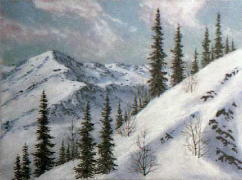 В горах горный пейзаж.2003 год. Картина из каменной крошки художник Кувшинов В.Н.