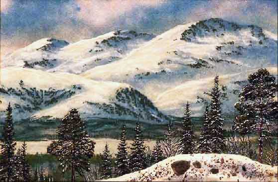 Горы зимний горный пейзаж.  Картина из каменной крошки. художник Кувшинов В.Н.