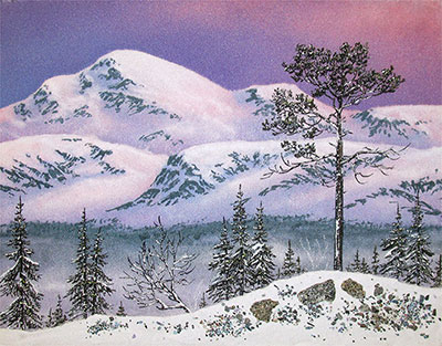 зиммние горы пейзаж с зимой утро. Картина из каменной  крошки художник  Кувшинов В.Н.