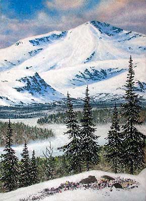 Озеро у гор зимой. Картина из каменной крошки художник Кувшинов В.Н. Вы можете заказать картину с зимой