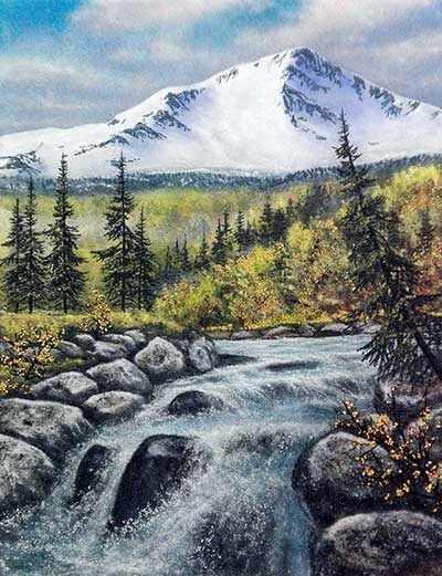 Водопад осенью в горах. Картина из каменной крошки художник Кувшинов В.Н.