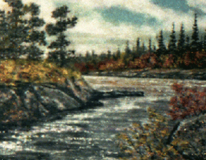Осеенний пейзаж с рекой в карелии Картина для интерьера из камня