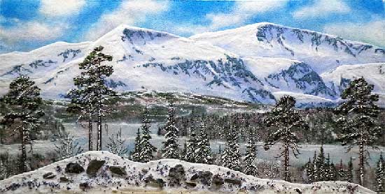 Вид на горы картина из каменной крошки художник Кувшинов В.Н. Вид на горы. Зимний пейзаж.